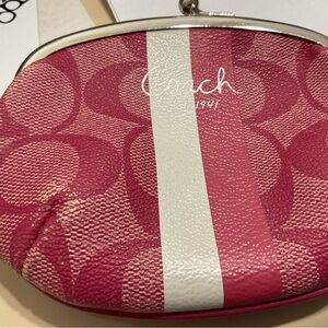 Coach Pink, Red, and Cream Stripe Change Purse with Signature Monogram Kiss Lock